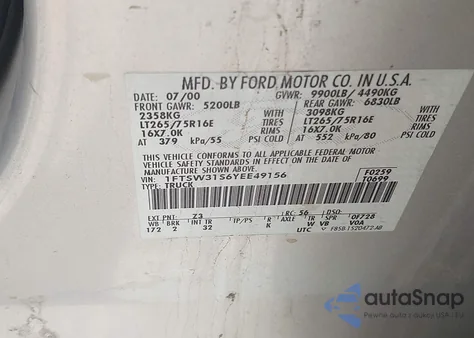 2000 Ford F350 Srw Super Duty из США, поврежденный, VIN 1FTSW31S6YEE49156